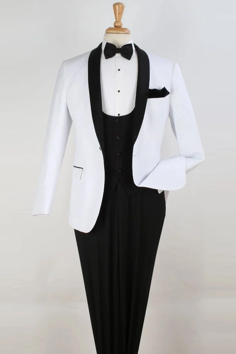 Weißer Smoking für Herren: Elegantes Outfit mit Weste und Schalkragen, ein Traum in Weiß!